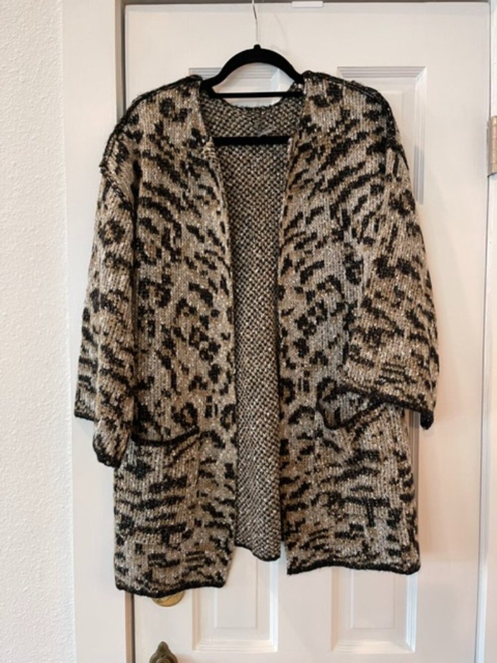 Wit & Wisdom Nordstrom Metallic Leopard Print Chunky Open Cardigan Small EUC